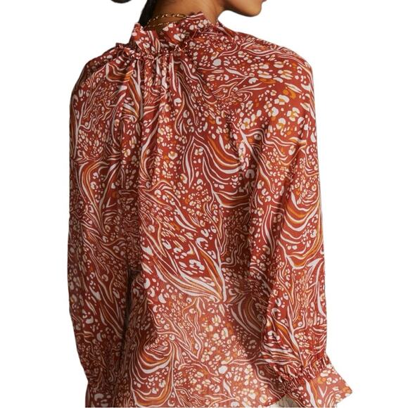 Anthropologie Sheer Printed Peasant Blouse Orange Cream XXS - Picture 4 of 15